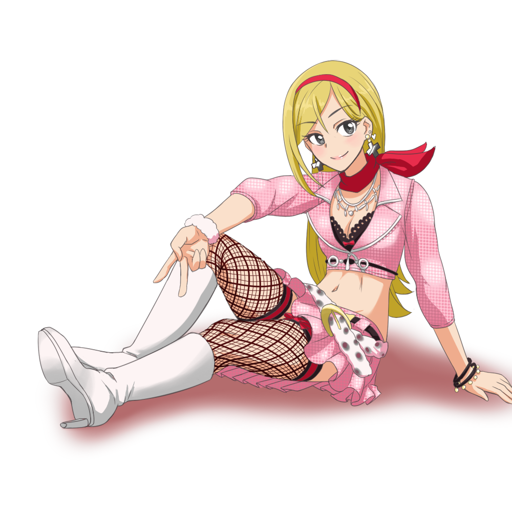 1girl, belt, blonde_hair, breasts, cleavage, cross, fujimoto_rina, grey_eyes, hairband, hakuyou-choun, idolmaster, idolmaster_cinderella_girls, long_hair, long_sleeves, navel, sitting, smile, solo, v, white_background