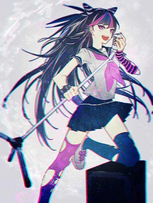 1girl, amplifier, arm_warmers, dangan_ronpa, ear_piercing, io_(sinking=carousel), long_hair, microphone
