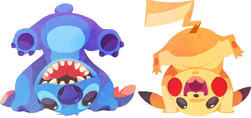 :d, crossover, headstand, kuitsuku, lilo_&amp;_stitch, no_humans, open_mouth, pikachu, pokemon, pokemon_(creature), simple_background, smile, stitch_(lilo_&amp;_stitch), teeth, transparent_background