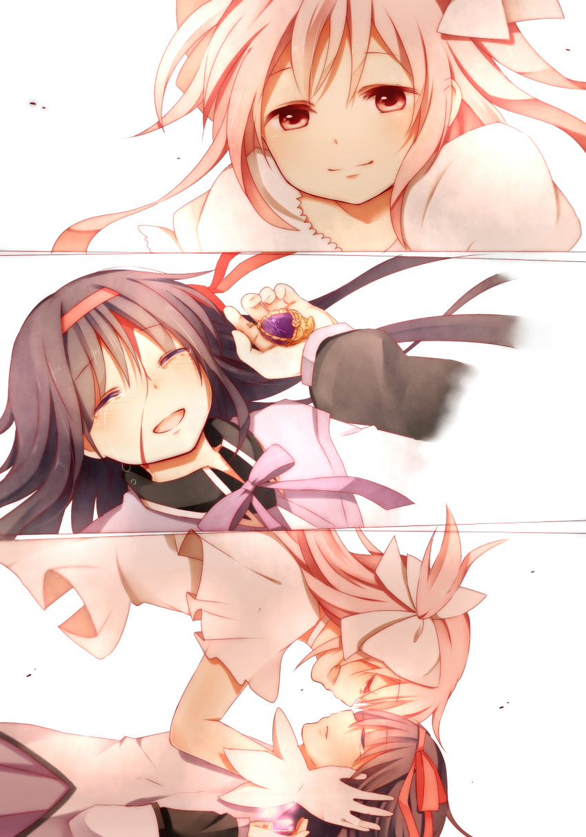 2girls, akemi_homura, black_hair, blood, blood_on_face, bow, closed_eyes, crack