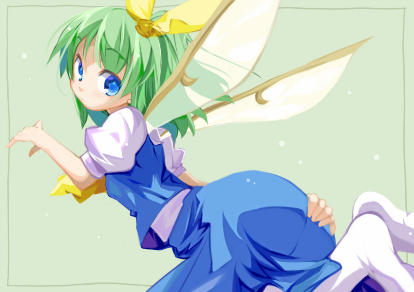 1girl, ass, back, blush, bow, daiyousei, fairy_wings, green_eyes