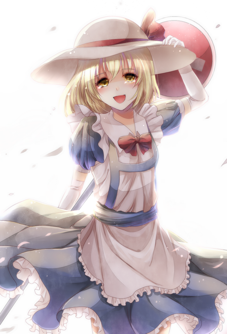apron, blonde_hair, bow, dress, elbow_gloves, gloves, hat, kana_anaberal, kotonoman, open_mouth, petals, puffy_sleeves, ribbon, short_hair, short_sleeves, street_sign, sun_hat, tears, touhou, touhou_(pc-98), white_gloves, yellow_eyes