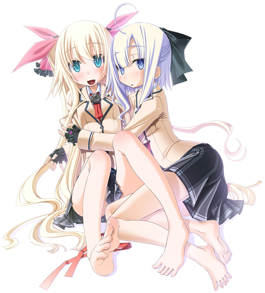 2girls, barefoot, blonde_hair, blue_eyes, dengeki_bunko, gloves, hair_ribbon, highres