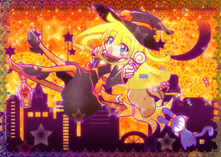 1girl, :o, bag, blonde_hair, blue_eyes, bow, broom, broom_riding