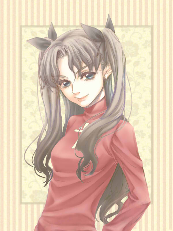 1girl, black_hair, blue_eyes, decoy00xx, fate/stay_night, fate_(series), long_hair, solo, tohsaka_rin, toosaka_rin, turtleneck, two_side_up