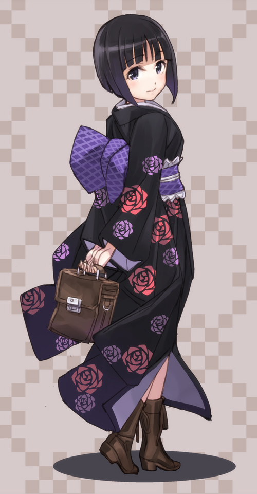 1girl, arms_behind_back, black_hair, blush, boots, floral_print, gokou_tamaki, japanese_clothes