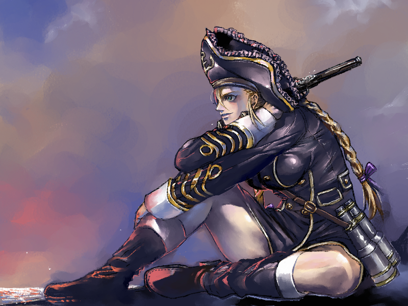 adult, binoculars, blonde_hair, blue_eyes, boots, braid, gun, hat