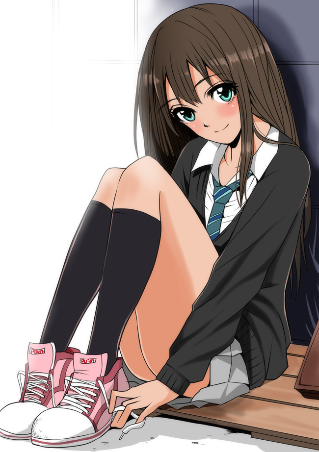 1girl, aqua_eyes, black_legwear, blush, brown_hair, cardigan, cross-laced_footwear, green_eyes