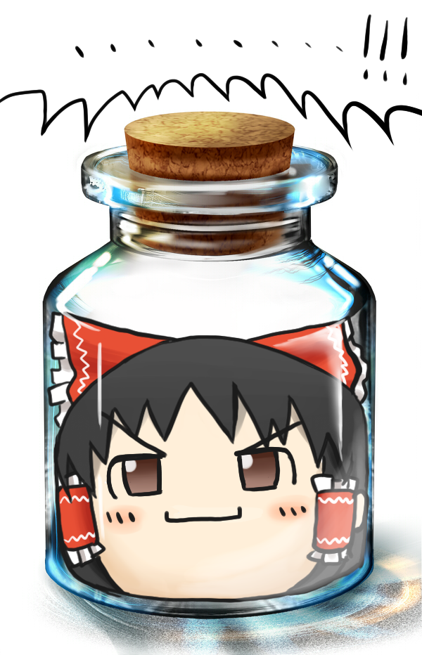 bottle, brown_eyes, brown_hair, cork, glass, hakurei_reimu, head_in_jar, jar