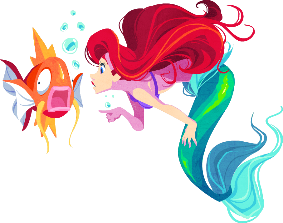 1girl, ariel_(disney), blue_eyes, bubble, crossover, fish, kuitsuku, lips, long_hair, looking_at_another, magikarp, mermaid, monster_girl, open_mouth, pointing, pokemon, pokemon_(creature), redhead, shell, shell_bikini, simple_background, the_little_mermaid, transparent_background