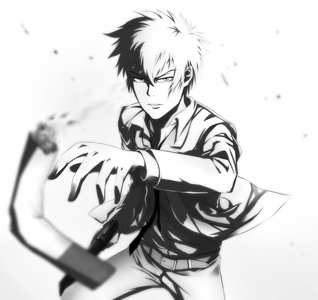 1boy, belt, blur, cigarette, gun, kougami_shin'ya, monochrome, necktie