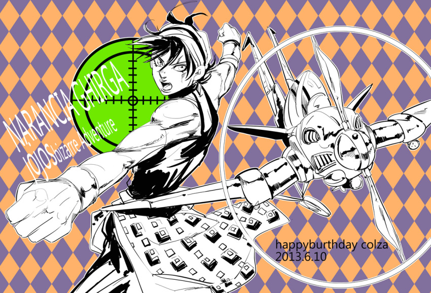 1boy, airplane, dated, headband, ing0123, jojo_no_kimyou_na_bouken, narancia_ghirga, reticule