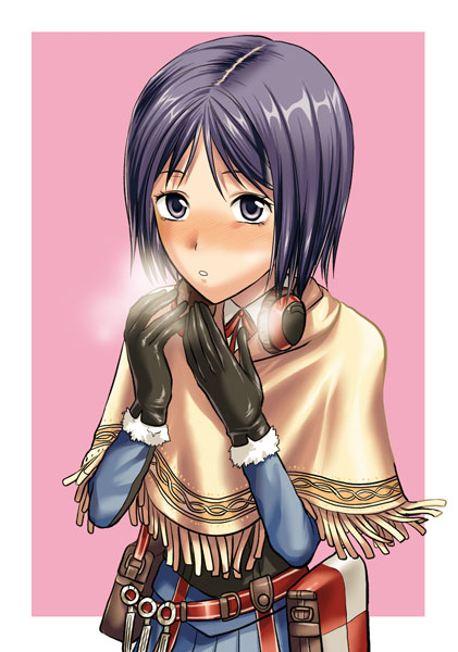 blue_eyes, blue_hair, blush, breath, darcsen, female, gloves, headphones, isara_gunther, military_uniform, senjou_no_valkyria, senjou_no_valkyria_1, shawl, short_hair, solo, uniform, yuzuki-n