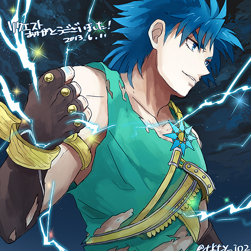 1boy, badge, belt, blue_eyes, blue_hair, electricity, fingerless_gloves, gloves