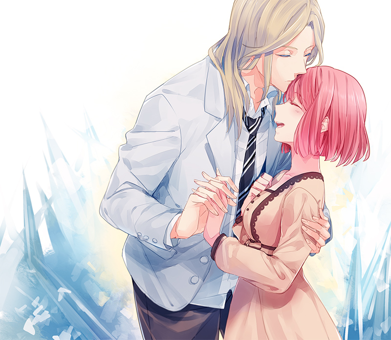 1boy, 1girl, blonde_hair, camus_(uta_no_prince-sama), couple, dress, forehead_kiss, happy, hetero, interlocked_fingers, kiss, long_hair, nanami_haruka, necktie, obo, pink_hair, smile, uta_no_prince-sama