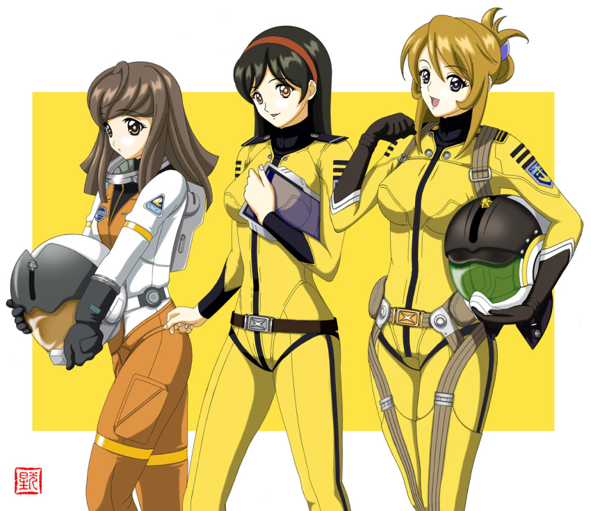 3girls, ahoge, black_eyes, black_hair, blonde_hair, brown_eyes, brown_hair, geitassha