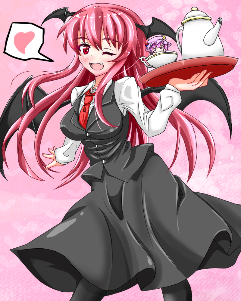 2girls, bat_wings, blush, breasts, crescent, cup, fang, hat