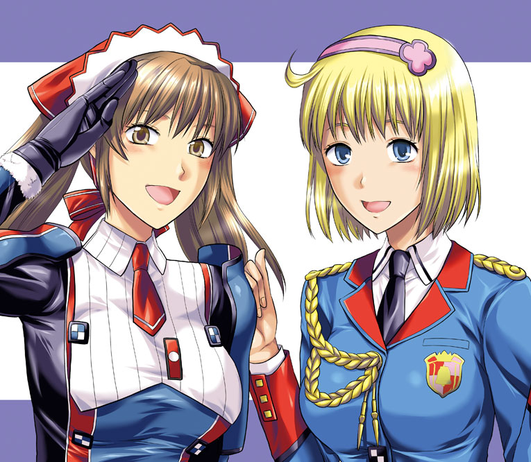 2girls, alicia_melchiott, blonde_hair, blue_eyes, blush, brown_eyes, brown_hair, cosette_koolhaas, female, hairband, long_hair, military_uniform, necktie, open_mouth, salute, senjou_no_valkyria, senjou_no_valkyria_2, short_hair, twintails, uniform, yuzuki-n