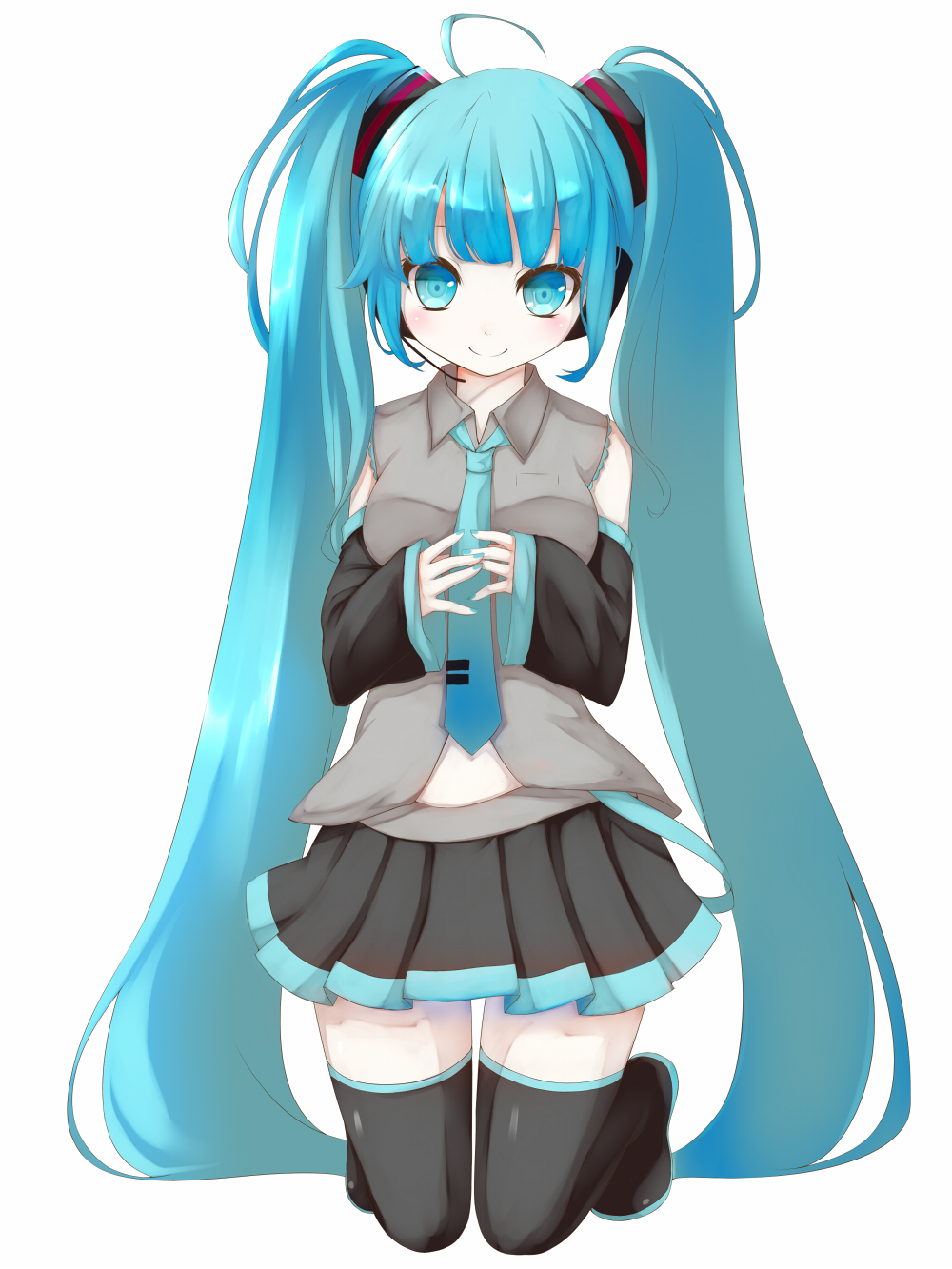 1girl, aqua_eyes, aqua_hair, detached_sleeves, hatsune_miku, highres, kneeling, long_hair