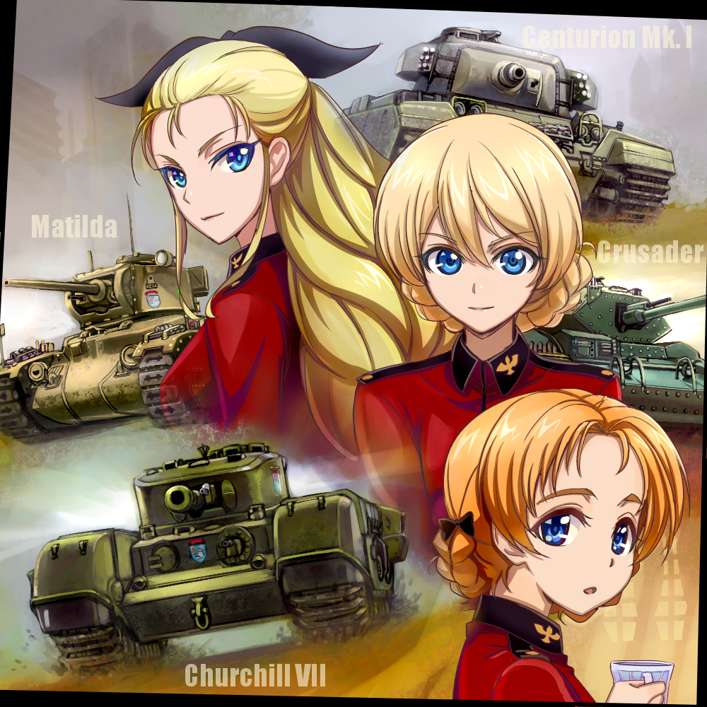 assam, blonde_hair, blue_eyes, churchill_(tank), cup, darjeeling, girls_und_panzer, hair_ribbon