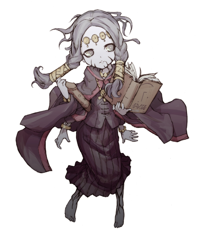 barefoot, bracelet, cape, chibi, demon's_souls, demon's_souls, feet, female, fool's_idol, fool's_idol, grey_eyes, grey_hair, grey_skin, inawata, long_hair, monster_girl, multi_arm, multi_limb, skirt, solo, tiara