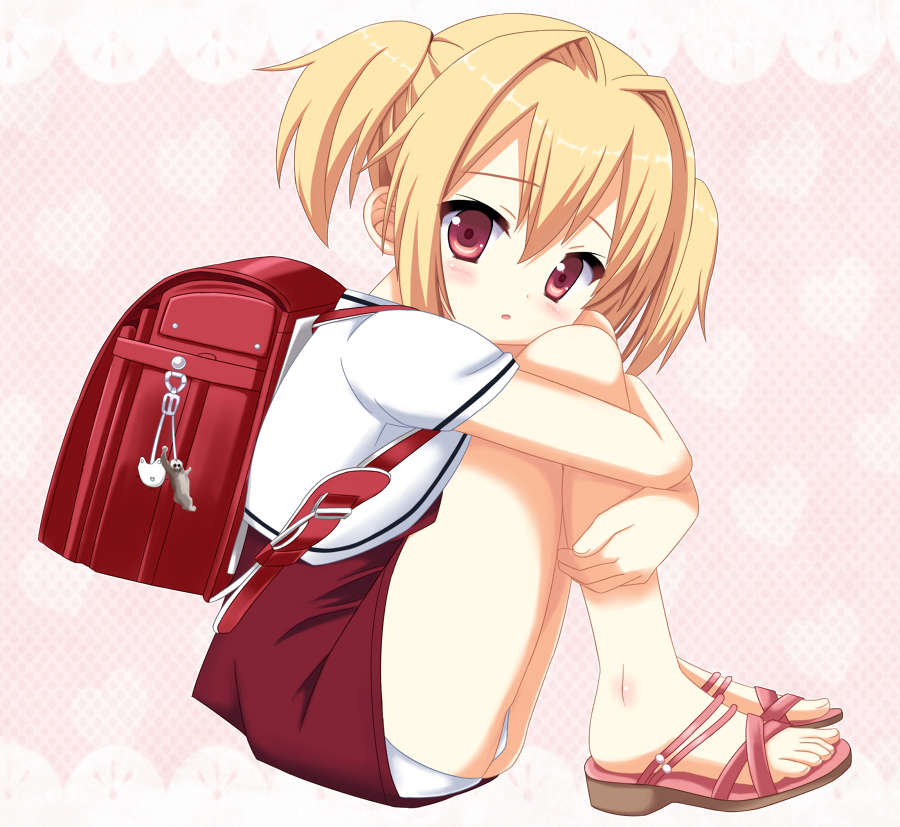 1girl, backpack, bag, blonde_hair, blush, borubomu, feet, leg_hug
