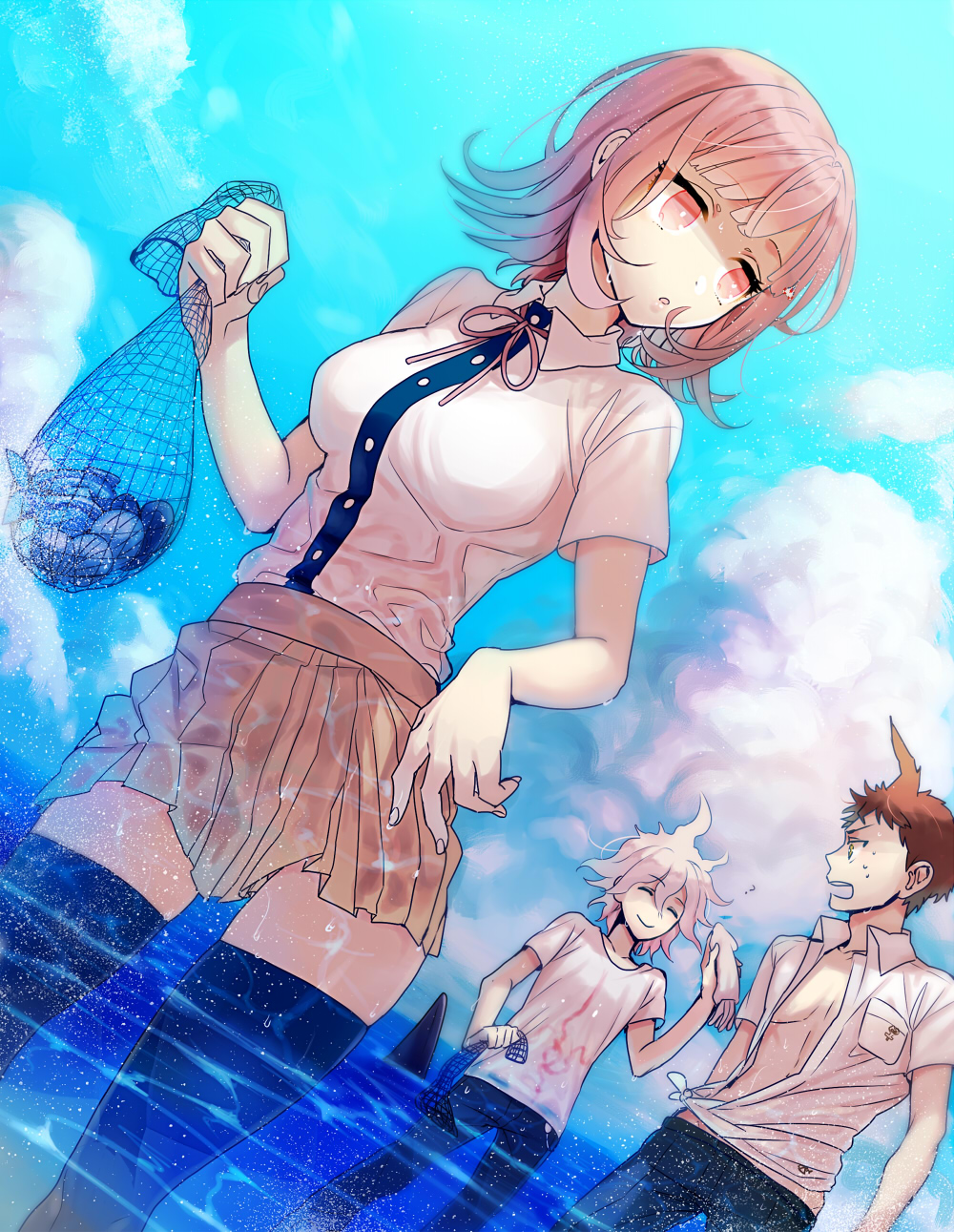 1girl, 2boys, ahoge, breasts, brown_eyes, brown_hair, dangan_ronpa, highres, hinata_hajime, inseki_tarou, komaeda_nagito, large_breasts, multiple_boys, nanami_chiaki, net, open_clothes, open_shirt, pink_eyes, pink_hair, school_uniform, shark, short_hair, skirt, squid, super_dangan_ronpa_2, thigh-highs, wading, wet, white_hair
