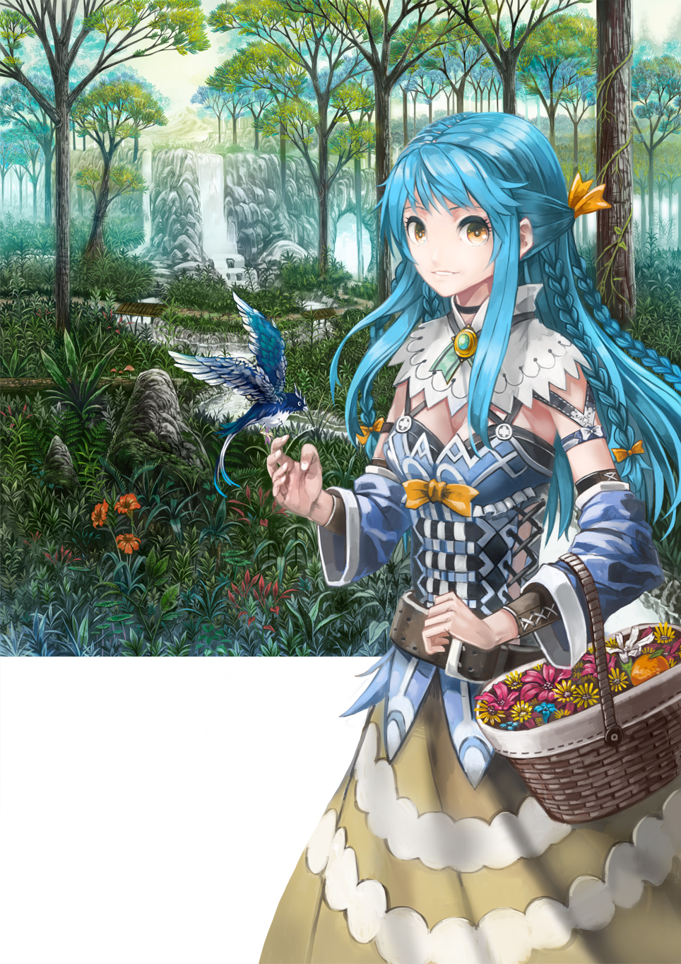 1girl, basket, belt, bird, blue_hair, braid, flower, highres, long_hair, nagi_itsuki, nature, skirt, smile, solo, tree, water, waterfall, yellow_eyes