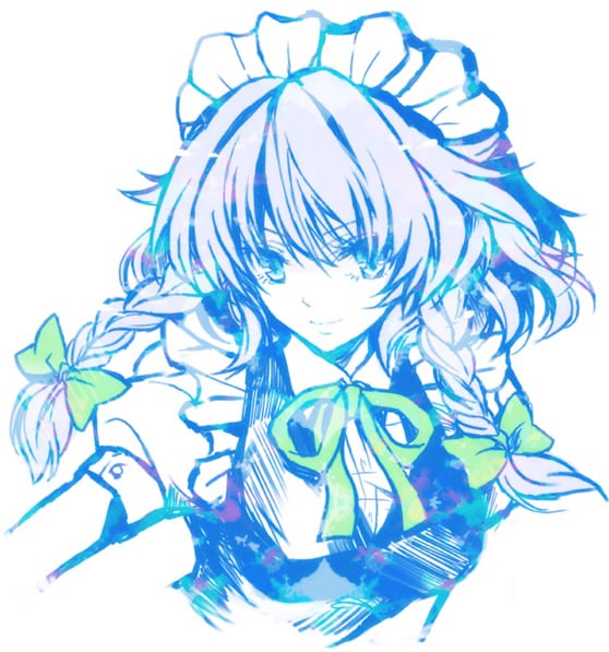 1girl, blue_eyes, braid, izayoi_sakuya, kegani, maid, maid_headdress, monochrome