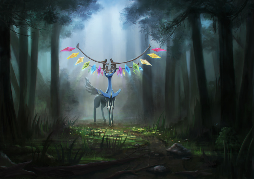 antlers, bat_wings, dekus, flandre_scarlet, forest, grass, highres, nature