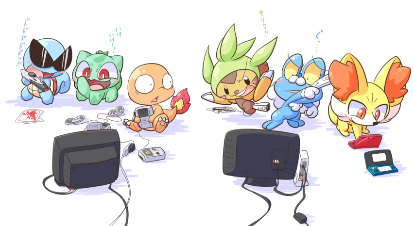 bulbasaur, charmander, chespin, fennekin, froakie, game_boy, highres, link_cable, nettsu-_(sinker-ball), nintendo, nintendo_3ds, no_humans, playing_games, pokemon, pokemon_(creature), pokemon_(game), pokemon_rgby, pokemon_xy, snes, squirtle, sunglasses, television, wii