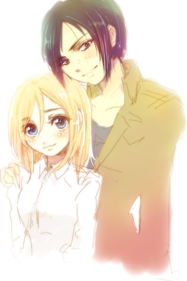 2girls, black_hair, blonde_hair, christa_renz, hand_on_shoulder, jacket, kurai_(campanella), multiple_girls, shingeki_no_kyojin, short_hair, ymir_(shingeki_no_kyojin)