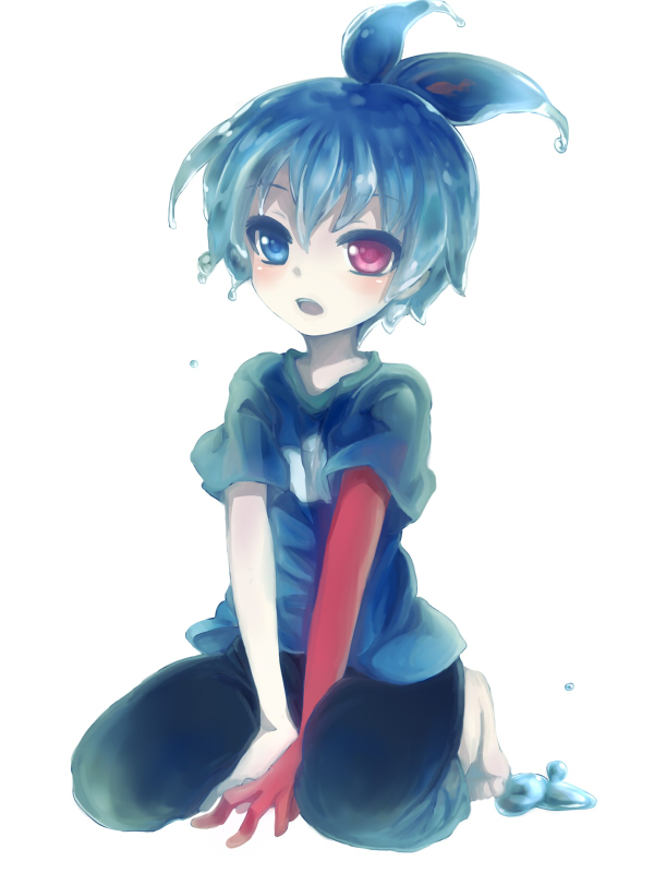 1boy, :o, ahoge, barefoot, blue_eyes, blue_hair, blush, heterochromia, kneeling, male, pants, puyopuyo, puyopuyo_fever, red_eyes, shirt, sig, solo, wet, white_background, yosaki_(shoki1white)