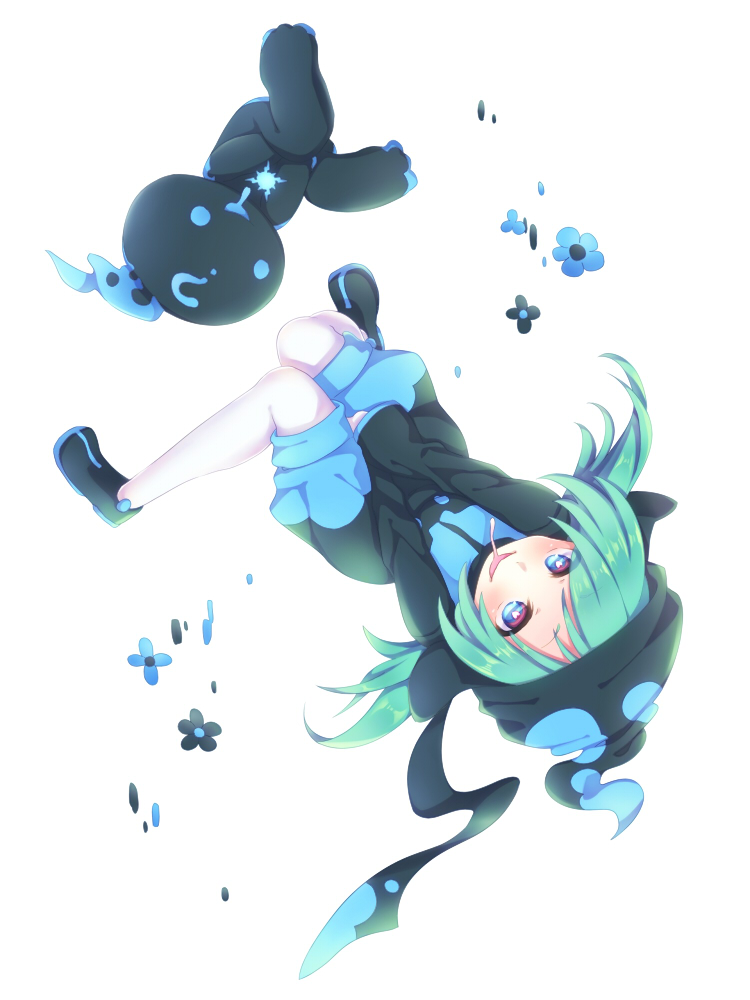 1boy, ?, aqua_hair, blue_eyes, dual_persona, ekoro, facial_mark, flower, forehead_mark, ghost, hat, heart, heart-shaped_pupils, long_hair, multicolored_eyes, pantyhose, pink_eyes, puyopuyo, puyopuyo_7, shoes, shorts, smile, symbol-shaped_pupils, upside-down, v_arms, white_background, white_legwear, yosaki_(shoki1white)