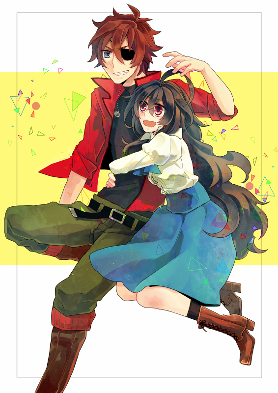 1boy, 1girl, blush, brown_hair, eyepatch, fujichika, grin, hinomiya_andy