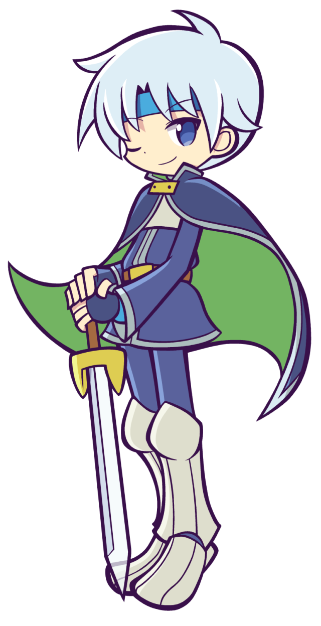 1boy, armor, belt, blue_eyes, boots, cape, fingerless_gloves, gloves, greaves, headband, highres, madou_monogatari, male, mzkn002, official_style, pants, planted_sword, planted_weapon, puyopuyo, puyopuyo_artstyle, puyopuyo_fever, schezo_wegey, smile, solo, sword, weapon, white_background, white_hair, wink