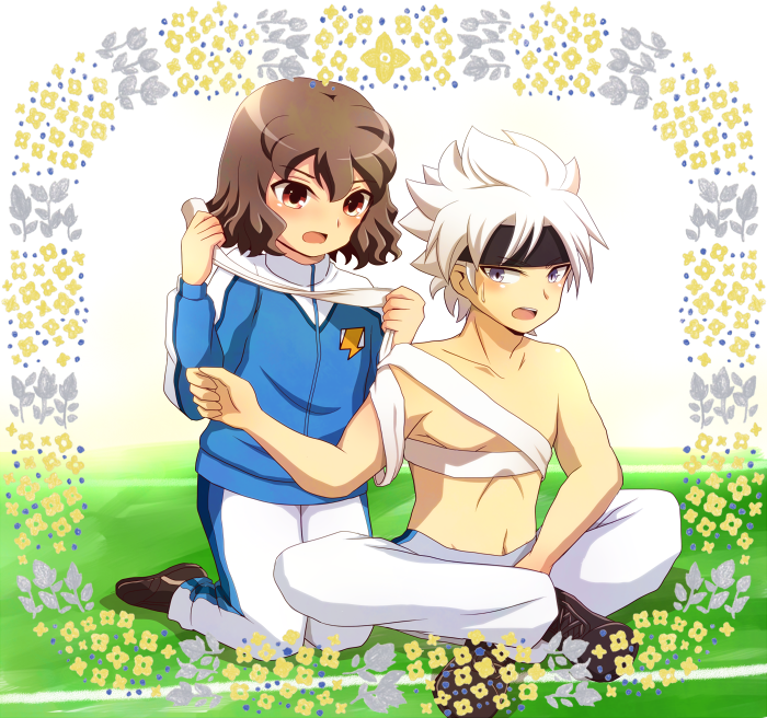 2boys, bandages, brown_hair, headband, ibuki_munemasa, inazuma_eleven_(series), inazuma_eleven_go, inazuma_eleven_go_galaxy