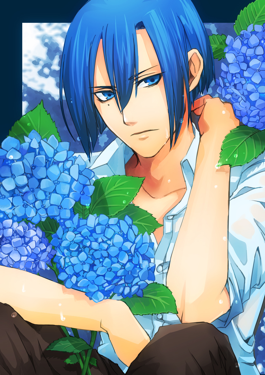 1boy, blue, blue_eyes, blue_hair, flower, highres, hijirikawa_masato, solo