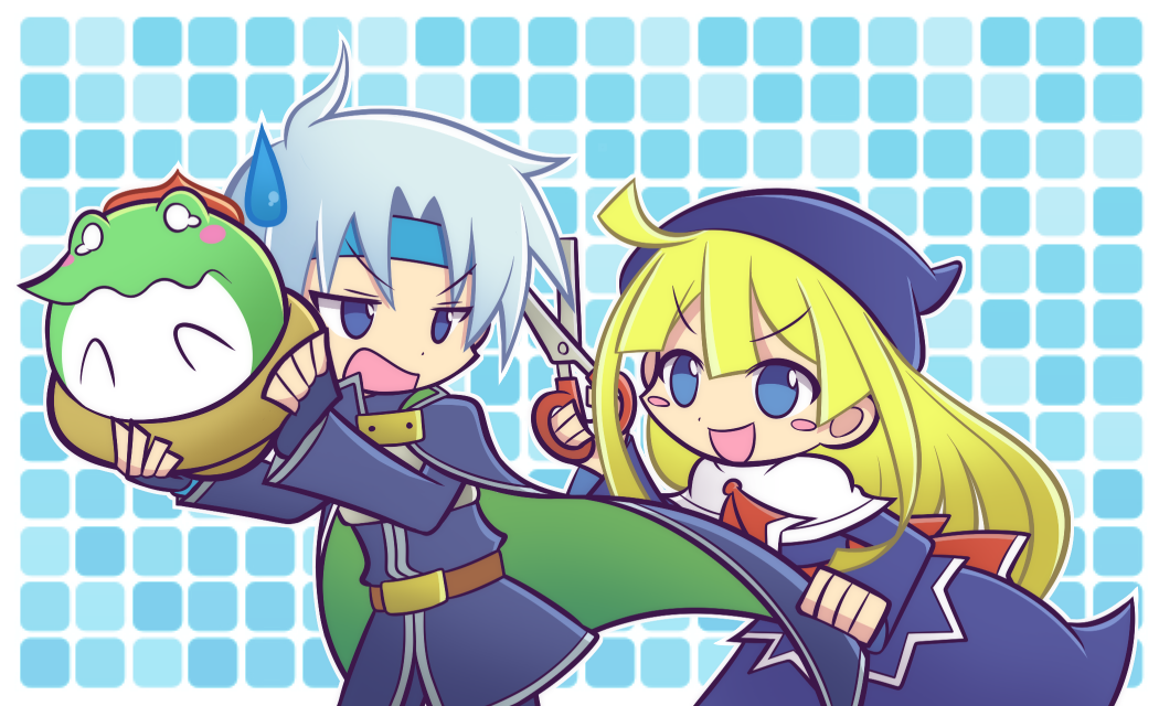 1boy, 1girl, angry, blonde_hair, blue_background, blue_eyes, cape, donguri_gaeru, dongurigaeru, dress, frog, gloves, hat, headband, long_hair, madou_monogatari, official_style, puyopuyo, puyopuyo_artstyle, puyopuyo_fever, schezo_wegey, scissors, shawl, smile, sweatdrop, white_hair, witch_(puyopuyo), yasai_(tokiao)