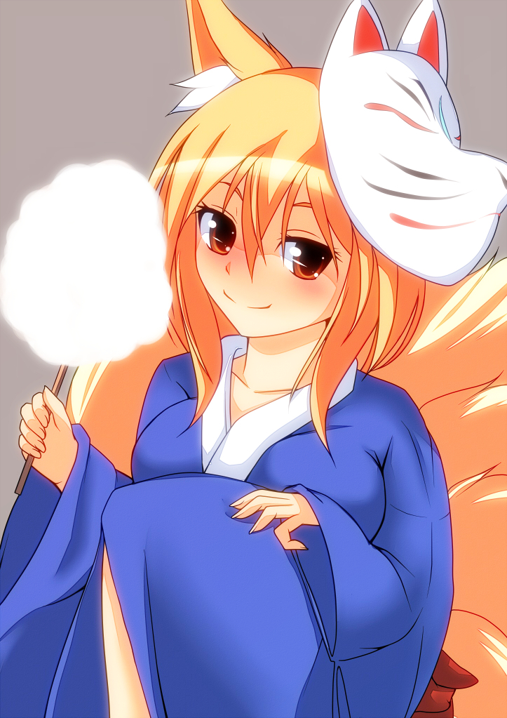 1girl, alternate_costume, animal_ears, blonde_hair, breasts, cotton_candy, fingernails, fox_ears
