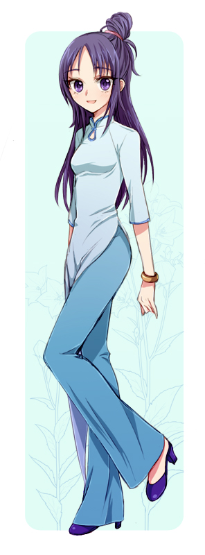 1girl, blue_background, bracelet, futari_wa_precure_splash_star, hair_bun, half_updo, jewelry, long_hair