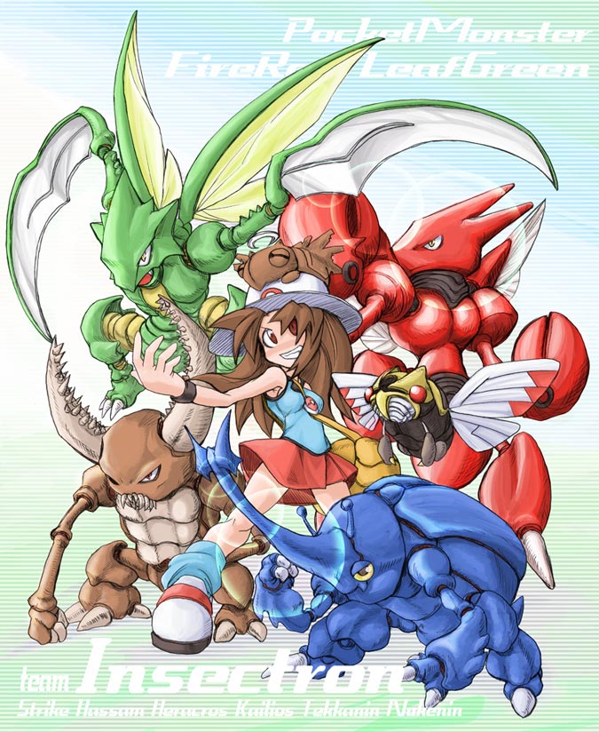 1girl, blue_(pokemon), hat, heracross, kobayashi_tetsuya, ninjask, pinsir, pokemon
