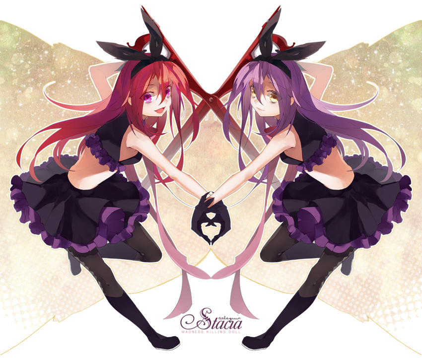 bare_shoulders, gloves, hairband, pantyhose, pink_eyes, purple_hair, redhead, skirt, stacia_(unlight), subaru01rins, unlight, yellow_eyes