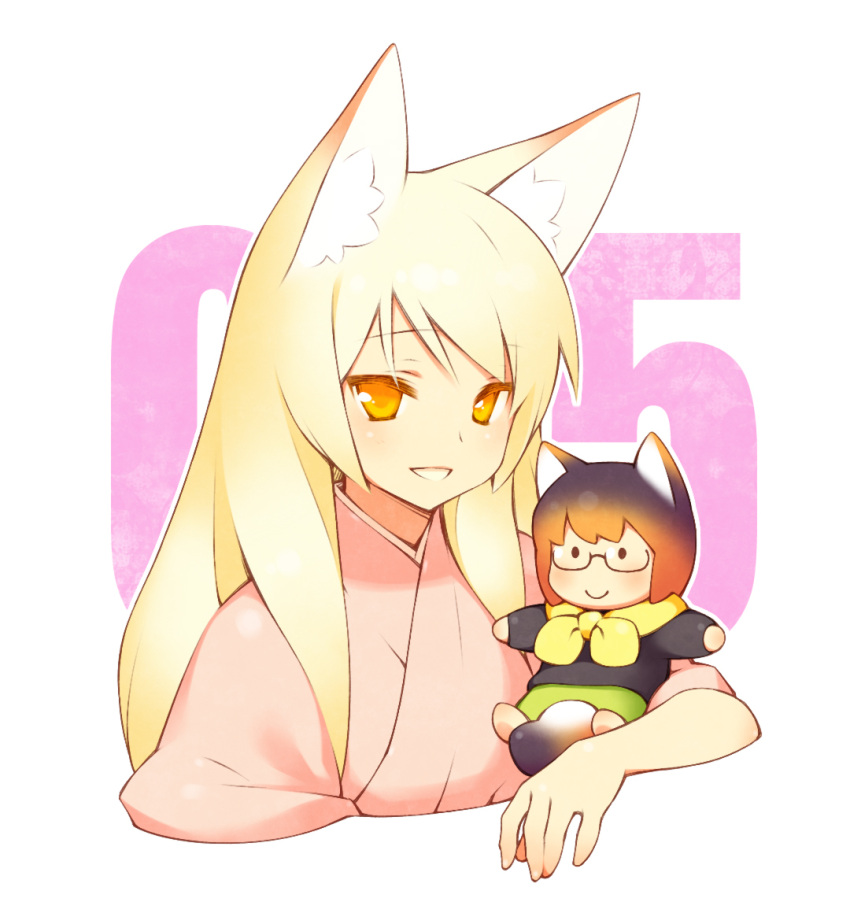 animal_ears, fox_ears, gayarou, glasses, long_hair, looking_at_viewer, moko_moko_box, simple_background, smile, tail, white_background