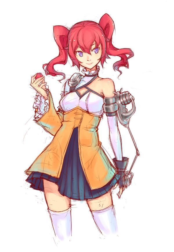 1girl, bare_shoulders, blue_eyes, dress, food, fruit, lychee, mismatched_sleeves, original, redhead, smile, solo, thigh-highs, twintails, vmat, white_legwear, zettai_ryouiki