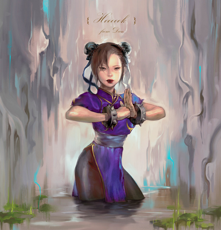 1girl, bracelet, brown_hair, bun_cover, china_dress, chinese_clothes, chun-li, danu_kim, double_bun, jewelry, lips, lipstick, makeup, nose, palm-fist_greeting, pantyhose, sash, solo, spiked_bracelet, spikes, street_fighter, water