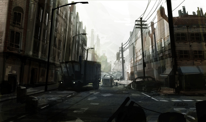 city, lamppost, motor_vehicle, mountain, original, post-apocalyptic, realistic, ruins, streetlights, trashcan, truck, vehicle, xxtheeternalxx