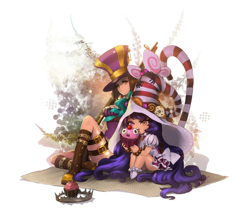 2girls, bear_trap, boots, bracelet, brown_eyes, brown_hair, caitlyn_(league_of_legends), cupcake