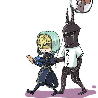 ahosinnzu, armor, blue_hair, demon's_souls, demon's_souls, female, helmet, lowres, male, map, mask, mephistopheles, mindflayer, shirt, short_hair, t-shirt, yurt_the_silent_chief