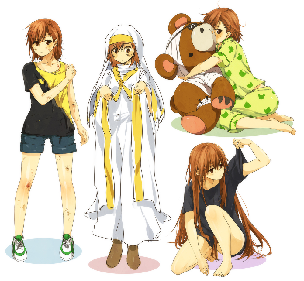 alternate_hair_length, alternate_hairstyle, brown_eyes, brown_hair, casual, cosplay, habit, hug